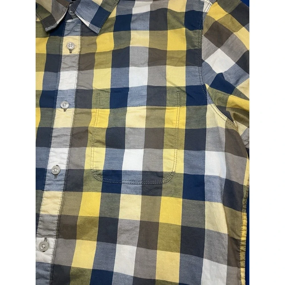 The North Face Plaid Button Front Shirt Mens Medium Yellow Blue Outdoor Hiking